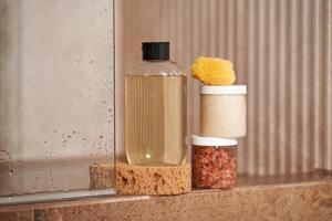Composition of body gel, scrubbed and natural sponges. photo