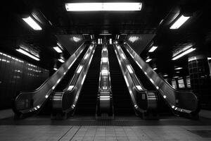 ai generado ascensor escalera mecánica es Moviente escalera usado como transporte Entre pisos o niveles edificio profesional fotografía foto