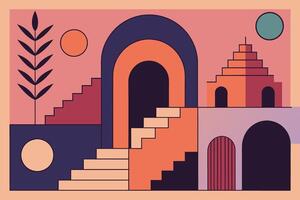 Surreal geometric shapes. Abstract vector elements and signs in trendy minimal outline style. Arch, stairs, column etc