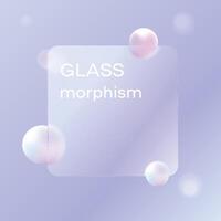 Glassmorphism frame with blur effect on a gradient blue background with blur effect vector illustration. Transparent glass plates with round balls. Website landing page, presentation design, icon