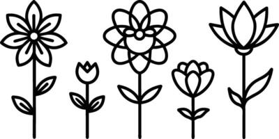 Set of black Simple Line Art of Flower Icons Collection on white background vector