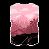 Sunset above mountains peak silhouette. Vintage styled mountain logo or sticker or poster template. Vector illustration