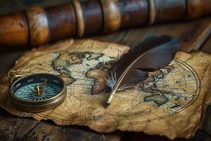 AI generated A map of world  is placed on a table with a brass compass and a quill professional photography photo