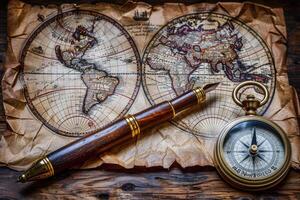 AI generated A map of world  is placed on a table with a brass compass and a quill professional photography photo