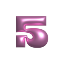 Pink shiny metal reflective number 5 3D illustration png