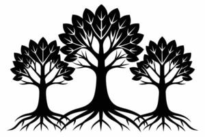 Black Trees with roots set isolated on white background vector