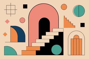 Surreal geometric shapes. Abstract vector elements and signs in trendy minimal outline style. Arch, stairs, column etc