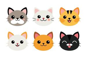 Collection of cute funny cat faces isolated on white background vector