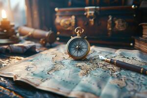 AI generated A map of world  is placed on a table with a brass compass and a quill professional photography photo