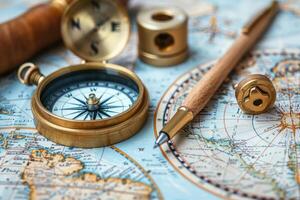 AI generated A map of world  is placed on a table with a brass compass and a quill professional photography photo