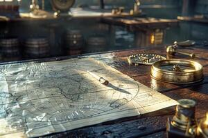 AI generated A map of world  is placed on a table with a brass compass and a quill professional photography photo