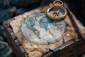 AI generated A map of world  is placed on a table with a brass compass and a quill professional photography photo