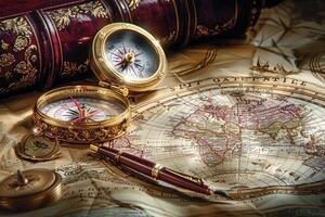 AI generated A map of world  is placed on a table with a brass compass and a quill professional photography photo