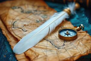 AI generated A map of world  is placed on a table with a brass compass and a quill professional photography photo