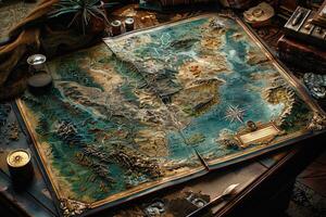 AI generated A map of world  is placed on a table with a brass compass and a quill professional photography photo