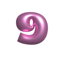 Pink shiny metal reflective number 9 3D illustration png