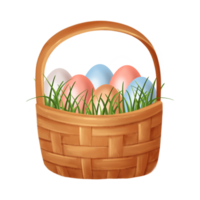 AI generated Colorful Easter eggs in wicker basket on grass png