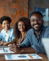 AI generated Smiling diverse colleagues gather in boardroom brainstorm photo