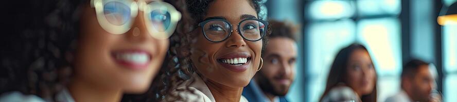 ai generado sonriente diverso colegas reunir en sala del consejo idea genial foto