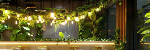 AI generated eco restaurant with lights photo