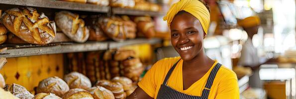 ai generado un panadero en un panadería, ella es horneando un pan con un sonrisa foto