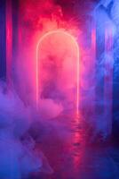 AI generated Smoky entrance with neon style lights, scenic backdrops photo