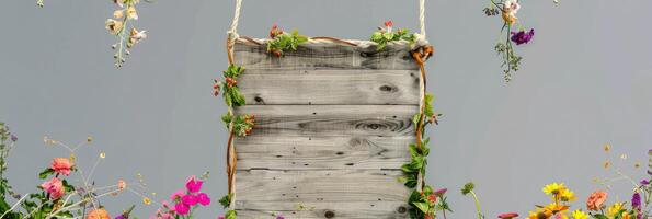 AI generated A handmade wooden sign hung by vine ropes and surrounded by colorful flowers photo