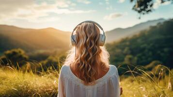 AI generated Music therapy, harmony, mental health concept. Pretty young woman enjoying music with headphones outdoors. Woman wearing headphones enjoying music and good vibes photo