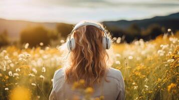 ai generado música terapia, armonía, mental salud concepto. bonito joven mujer disfrutando música con auriculares al aire libre. mujer vistiendo auriculares disfrutando música y bueno vibraciones foto