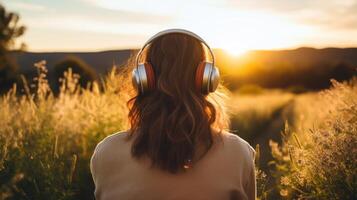 ai generado música terapia, armonía, mental salud concepto. bonito joven mujer disfrutando música con auriculares al aire libre. mujer vistiendo auriculares disfrutando música y bueno vibraciones foto