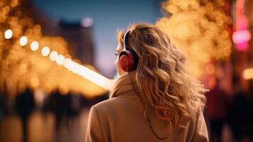 AI generated Music therapy, harmony, mental health concept. Pretty young woman enjoying music with headphones outdoors. Woman wearing headphones enjoying music and good vibes photo