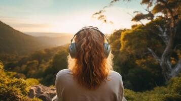 AI generated Music therapy, harmony, mental health concept. Pretty young woman enjoying music with headphones outdoors. Woman wearing headphones enjoying music and good vibes photo