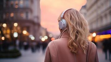 ai generado música terapia, armonía, mental salud concepto. bonito joven mujer disfrutando música con auriculares al aire libre. mujer vistiendo auriculares disfrutando música y bueno vibraciones foto