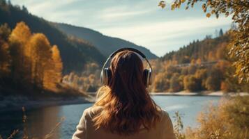 AI generated Music therapy, harmony, mental health concept. Pretty young woman enjoying music with headphones outdoors. Woman wearing headphones enjoying music and good vibes photo