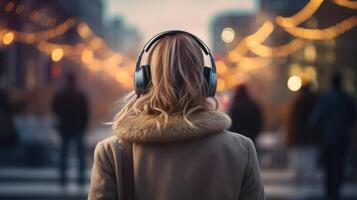 ai generado música terapia, armonía, mental salud concepto. bonito joven mujer disfrutando música con auriculares al aire libre. mujer vistiendo auriculares disfrutando música y bueno vibraciones foto