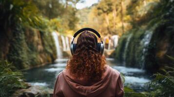 AI generated Music therapy, harmony, mental health concept. Pretty young woman enjoying music with headphones outdoors. Woman wearing headphones enjoying music and good vibes photo