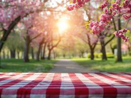 ai generado primavera mesa con arboles en floración y desenfocado soleado jardín en antecedentes foto