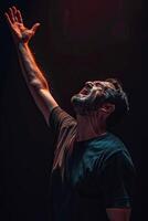 AI generated A Christian man praying to God crying and emotional with his arms raised photo