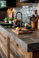 AI generated kitchen benchtop detail. concrete benchtop and timber drawers photo