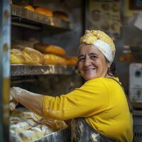 AI generated A baker in a bakery, she is baking bread with a smile photo