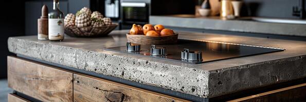 AI generated kitchen benchtop detail. concrete benchtop and timber drawers photo