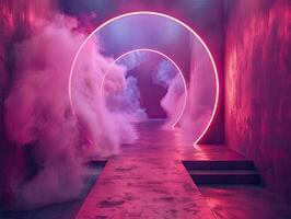 AI generated Smoky entrance with neon style lights, scenic backdrops photo