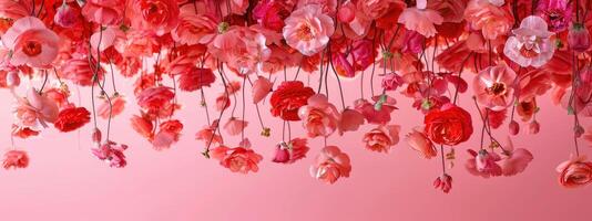 AI generated hanged floated flowers, pink theme photo