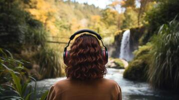 AI generated Music therapy, harmony, mental health concept. Pretty young woman enjoying music with headphones outdoors. Woman wearing headphones enjoying music and good vibes photo