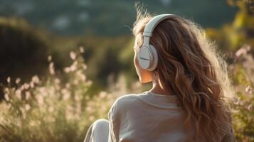 ai generado música terapia, armonía, mental salud concepto. bonito joven mujer disfrutando música con auriculares al aire libre. mujer vistiendo auriculares disfrutando música y bueno vibraciones foto