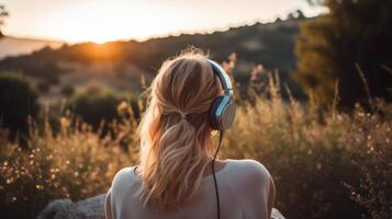 ai generado música terapia, armonía, mental salud concepto. bonito joven mujer disfrutando música con auriculares al aire libre. mujer vistiendo auriculares disfrutando música y bueno vibraciones foto