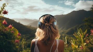 AI generated Music therapy, harmony, mental health concept. Pretty young woman enjoying music with headphones outdoors. Woman wearing headphones enjoying music and good vibes photo