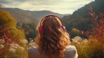 ai generado música terapia, armonía, mental salud concepto. bonito joven mujer disfrutando música con auriculares al aire libre. mujer vistiendo auriculares disfrutando música y bueno vibraciones foto