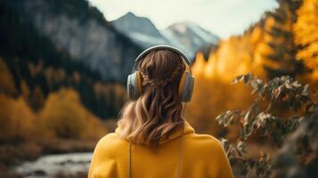 AI generated Music therapy, harmony, mental health concept. Pretty young woman enjoying music with headphones outdoors. Woman wearing headphones enjoying music and good vibes photo