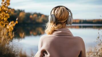 AI generated Music therapy, harmony, mental health concept. Pretty young woman enjoying music with headphones outdoors. Woman wearing headphones enjoying music and good vibes photo